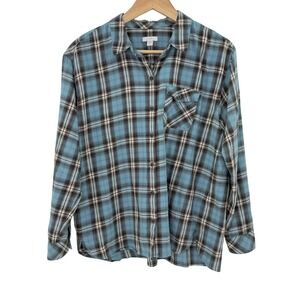 J.Jill Blue Plaid Cotton Button Down Long‎ Sleeve Relaxed Fit Shirt Sz Petite M
